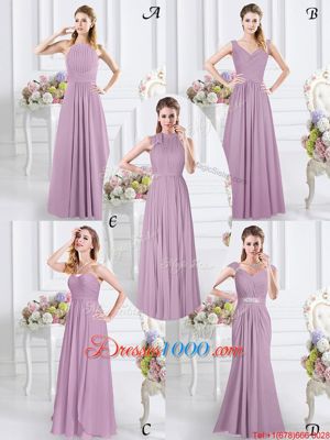 Admirable Lavender Chiffon Zipper Wedding Guest Dresses Sleeveless Floor Length Ruching