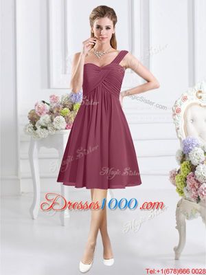 Knee Length Burgundy Bridesmaid Gown One Shoulder Sleeveless Zipper