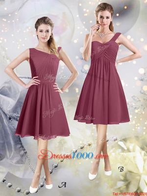 Knee Length Burgundy Bridesmaid Gown One Shoulder Sleeveless Zipper