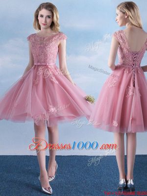 Scoop Tulle Cap Sleeves Knee Length Quinceanera Court Dresses and Appliques and Belt