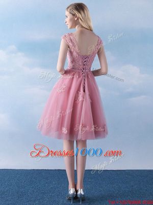 Scoop Tulle Cap Sleeves Knee Length Quinceanera Court Dresses and Appliques and Belt