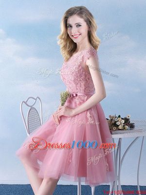 Scoop Tulle Cap Sleeves Knee Length Quinceanera Court Dresses and Appliques and Belt