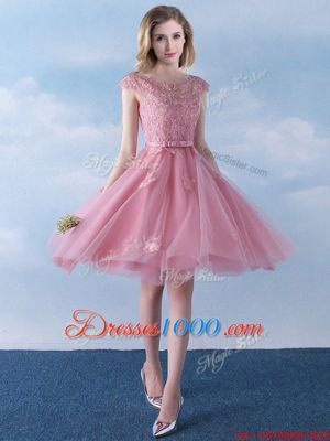 Scoop Tulle Cap Sleeves Knee Length Quinceanera Court Dresses and Appliques and Belt