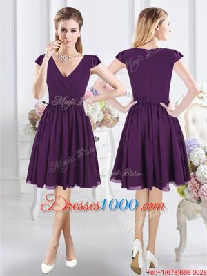 Purple Zipper Bridesmaids Dress Ruching Cap Sleeves Knee Length