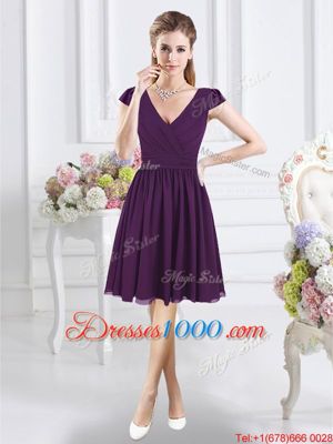 Purple Zipper Bridesmaids Dress Ruching Cap Sleeves Knee Length