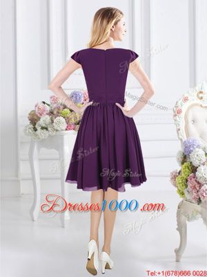 Purple Zipper Bridesmaids Dress Ruching Cap Sleeves Knee Length