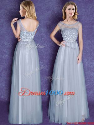 Nice Scoop Cap Sleeves Tulle Floor Length Lace Up Dama Dress in Grey for with Appliques and Bowknot