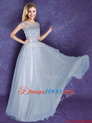 Nice Scoop Cap Sleeves Tulle Floor Length Lace Up Dama Dress in Grey for with Appliques and Bowknot