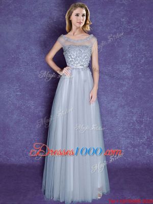 Nice Scoop Cap Sleeves Tulle Floor Length Lace Up Dama Dress in Grey for with Appliques and Bowknot