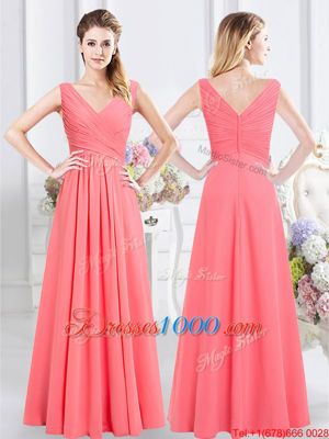 Sleeveless Chiffon Floor Length Zipper Bridesmaid Gown in Watermelon Red for with Ruching
