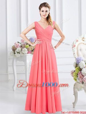Sleeveless Chiffon Floor Length Zipper Bridesmaid Gown in Watermelon Red for with Ruching