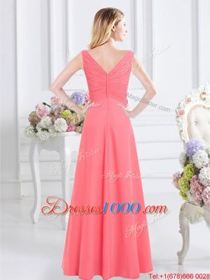 Sleeveless Chiffon Floor Length Zipper Bridesmaid Gown in Watermelon Red for with Ruching