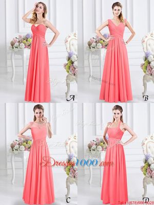 Best Selling Watermelon Red Chiffon Zipper Wedding Party Dress Sleeveless Floor Length Lace and Ruching