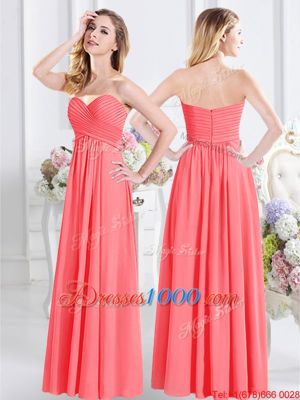 Best Selling Watermelon Red Chiffon Zipper Wedding Party Dress Sleeveless Floor Length Lace and Ruching