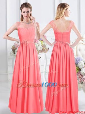Best Selling Watermelon Red Chiffon Zipper Wedding Party Dress Sleeveless Floor Length Lace and Ruching