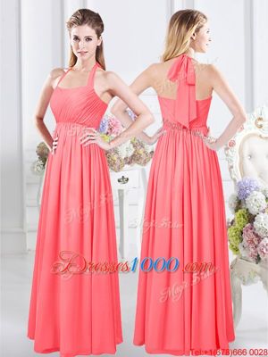 Best Selling Watermelon Red Chiffon Zipper Wedding Party Dress Sleeveless Floor Length Lace and Ruching