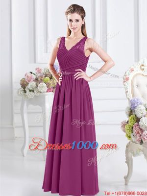 Fuchsia Sleeveless Lace and Ruching Floor Length Bridesmaid Dresses