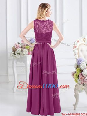 Fuchsia Sleeveless Lace and Ruching Floor Length Bridesmaid Dresses