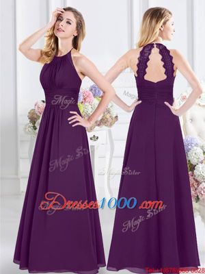Halter Top Floor Length Purple Wedding Party Dress Chiffon Sleeveless Ruching
