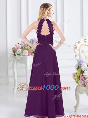 Halter Top Floor Length Purple Wedding Party Dress Chiffon Sleeveless Ruching
