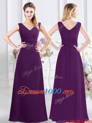Top Selling Purple Sleeveless Floor Length Ruching Zipper Quinceanera Court of Honor Dress
