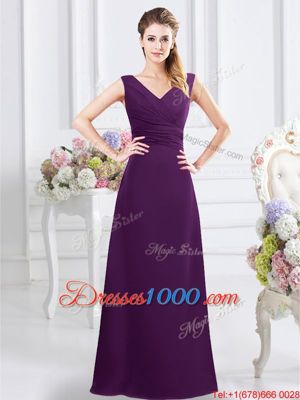 Top Selling Purple Sleeveless Floor Length Ruching Zipper Quinceanera Court of Honor Dress