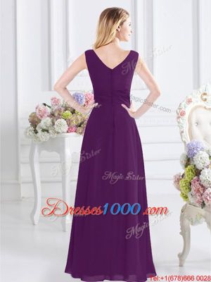 Top Selling Purple Sleeveless Floor Length Ruching Zipper Quinceanera Court of Honor Dress