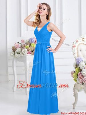 Wonderful Floor Length Baby Blue Court Dresses for Sweet 16 V-neck Sleeveless Zipper