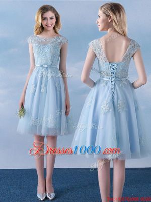 Suitable Scoop Cap Sleeves Bridesmaid Gown Knee Length Appliques and Belt Light Blue Tulle