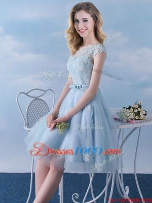 Suitable Scoop Cap Sleeves Bridesmaid Gown Knee Length Appliques and Belt Light Blue Tulle