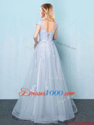 Hot Sale Scoop Cap Sleeves Lace Up Floor Length Appliques and Belt Bridesmaids Dress