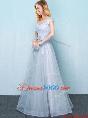 Hot Sale Scoop Cap Sleeves Lace Up Floor Length Appliques and Belt Bridesmaids Dress