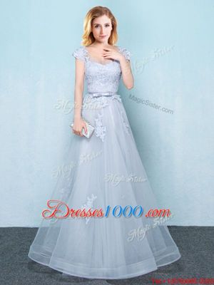 Hot Sale Scoop Cap Sleeves Lace Up Floor Length Appliques and Belt Bridesmaids Dress