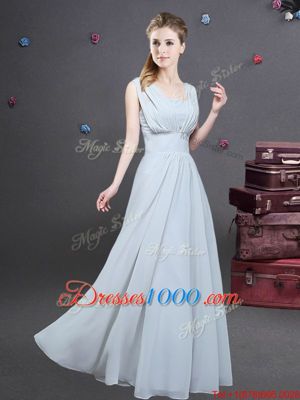 Fashion Grey Empire Chiffon Square Sleeveless Ruching Floor Length Zipper Bridesmaid Dress