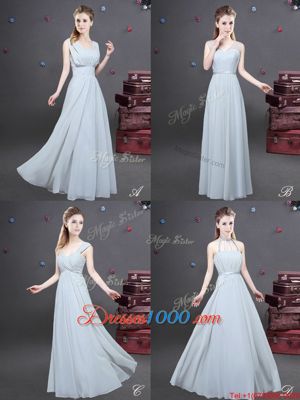 Fashion Grey Empire Chiffon Square Sleeveless Ruching Floor Length Zipper Bridesmaid Dress