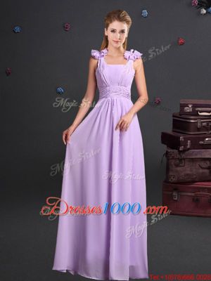 Straps Straps Chiffon Sleeveless Floor Length Bridesmaid Dresses and Ruching and Hand Made Flower