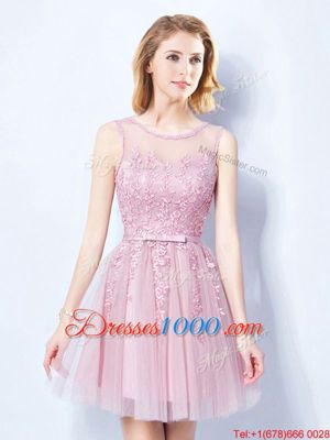 Delicate Pink Empire Scoop Sleeveless Tulle Mini Length Lace Up Appliques and Belt Bridesmaids Dress