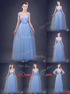 Floor Length Light Blue Wedding Guest Dresses Tulle Sleeveless Beading and Appliques and Ruching and Bowknot and Hand Made Flower