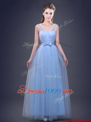 Floor Length Light Blue Wedding Guest Dresses Tulle Sleeveless Beading and Appliques and Ruching and Bowknot and Hand Made Flower