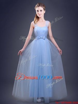 Floor Length Light Blue Wedding Guest Dresses Tulle Sleeveless Beading and Appliques and Ruching and Bowknot and Hand Made Flower
