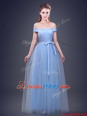 Floor Length Light Blue Wedding Guest Dresses Tulle Sleeveless Beading and Appliques and Ruching and Bowknot and Hand Made Flower
