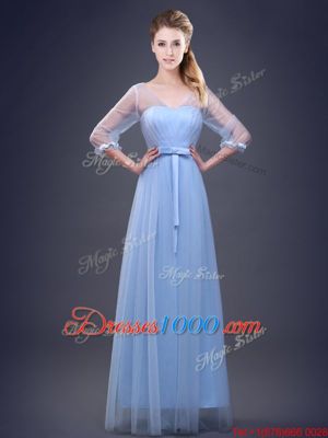 Floor Length Light Blue Wedding Guest Dresses Tulle Sleeveless Beading and Appliques and Ruching and Bowknot and Hand Made Flower