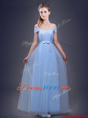 Floor Length Light Blue Wedding Guest Dresses Tulle Sleeveless Beading and Appliques and Ruching and Bowknot and Hand Made Flower