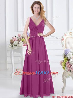 Graceful Floor Length Zipper Quinceanera Dama Dress Fuchsia and In for Prom and Party and Wedding Party with Ruching