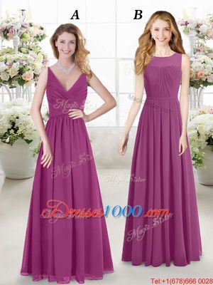 Graceful Floor Length Zipper Quinceanera Dama Dress Fuchsia and In for Prom and Party and Wedding Party with Ruching