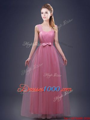 Flare Pink Empire V-neck Sleeveless Tulle Floor Length Lace Up Beading and Appliques and Ruching and Bowknot and Hand Made Flower Vestidos de Damas