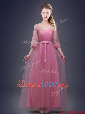Flare Pink Empire V-neck Sleeveless Tulle Floor Length Lace Up Beading and Appliques and Ruching and Bowknot and Hand Made Flower Vestidos de Damas