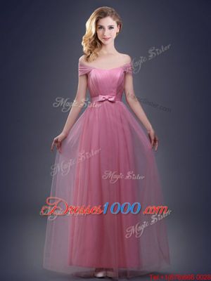 Flare Pink Empire V-neck Sleeveless Tulle Floor Length Lace Up Beading and Appliques and Ruching and Bowknot and Hand Made Flower Vestidos de Damas