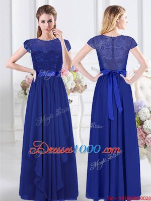 Royal Blue Scoop Neckline Lace and Belt Bridesmaid Gown Short Sleeves Zipper