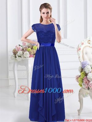 Royal Blue Scoop Neckline Lace and Belt Bridesmaid Gown Short Sleeves Zipper